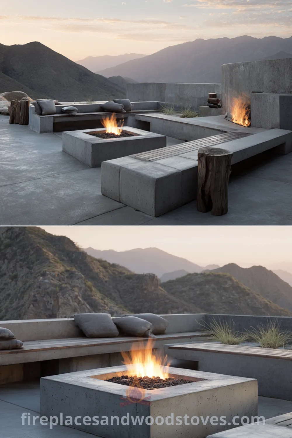 Modern minimalist outdoor fireplace with wide concrete hearth, integrated seating, and a tranquil nature background.