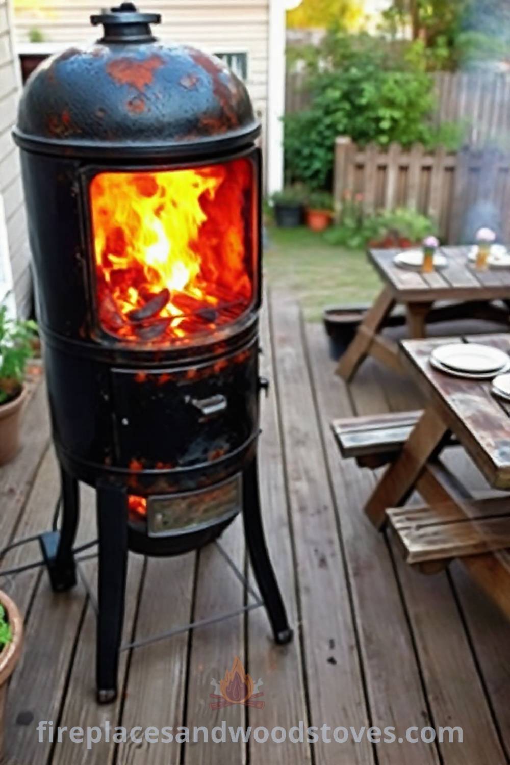 Traditional barbecue smoker in a backyard with flickering flames, a wooden picnic table set for a gathering, and potted plants, creating a cozy and inviting outdoor atmosphere. Visit patioandhomefurniture.com for incredible ideas that will wow your guests.