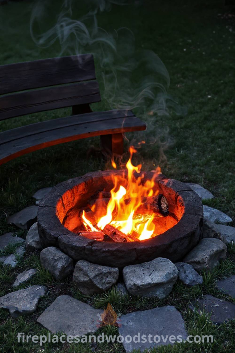 Rugged charcoal camping fire pit nestled in a grassy backyard, surrounded by uneven stones and worn wooden benches, creating a cozy atmosphere ideal for gatherings and relaxation. Visit patioandhomefurniture.com for stylish outdoor designs transforming your backyard into an inviting oasis.