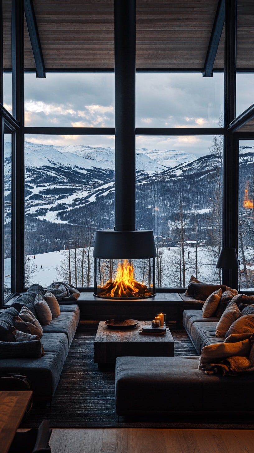 A cozy modern living room with a black sofa and fireplace, large windows displaying snowy mountains at dusk, creating a warm atmosphere.