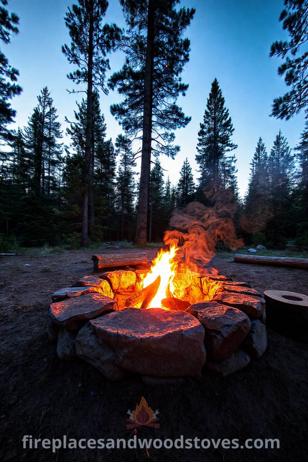 Stone camping fire pit in a clearing surrounded by pines, with log stools inviting friends to gather, creating a cozy campfire atmosphere perfect for sharing stories under the stars. Visit patioandhomefurniture.com for stylish outdoor design ideas that will wow your guests.