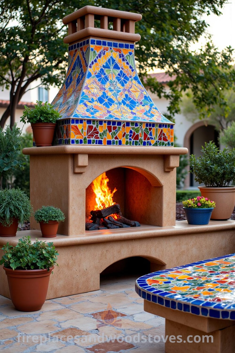 Mediterranean outdoor barbecue featuring vibrant ceramics, rustic wooden accents, a stone structure with a crackling wood fire, potted herbs, and a colorful mosaic table on a sun-soaked terrace, providing cozy ideas and decor inspirations for an inviting outdoor space. Visit fireplacesandwoodstoves.com for unique ideas.
