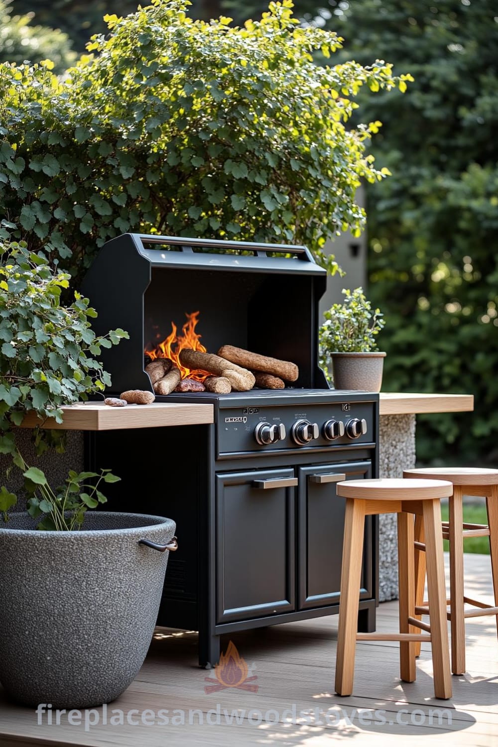 Scandinavian minimalist outdoor barbecue on a wooden deck surrounded by greenery, with a warm fire crackling softly, reflecting cozy ideas for unique outdoor decor inspirations at fireplacesandwoodstoves.com.