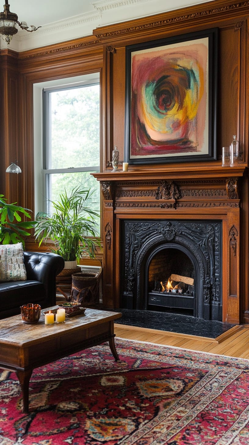 A vintage brownstone living room featuring dark wood paneling, an ornate fireplace, vibrant abstract art above, a colorful Persian rug, leather couches, and lush potted plants.