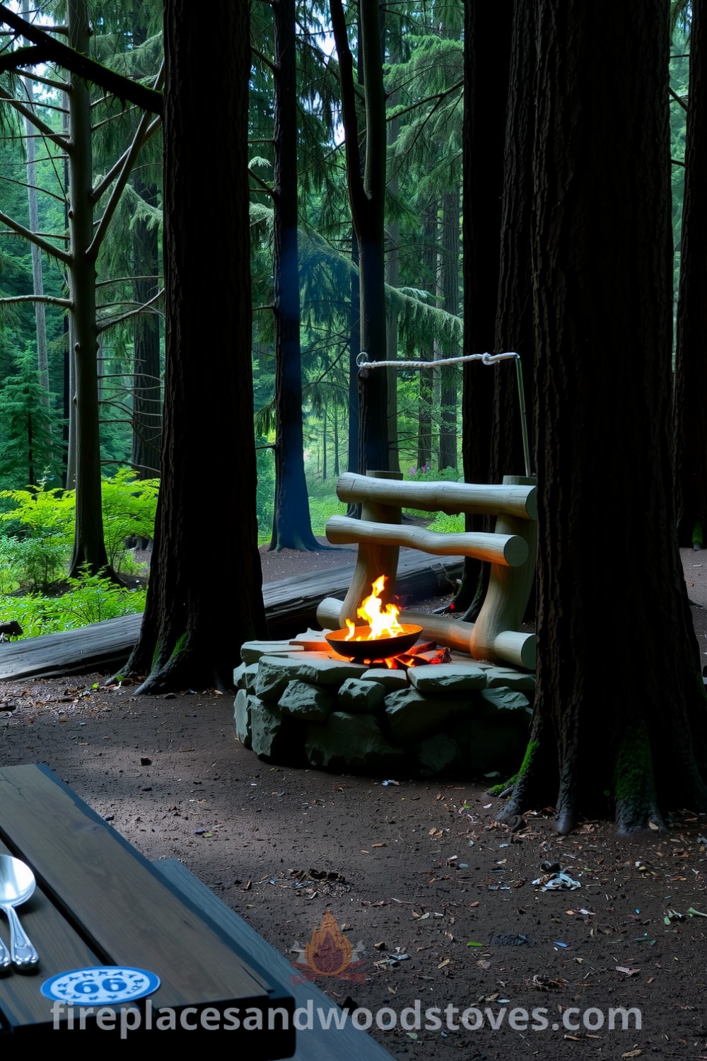 Cozy log-built barbecue in a secluded forest clearing with a crackling fire, surrounded by towering trees and a weathered picnic table, providing ideas for your home’s outdoor decor and inviting atmosphere at fireplacesandwoodstoves.com.