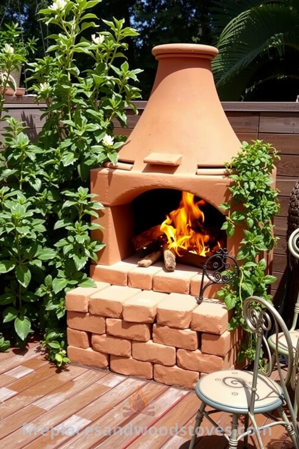 Bohemian clay outdoor barbecue nestled among green plants in a sunlit garden, surrounded by a wooden deck, with flickering flames and mismatched chairs suggesting cozy gatherings, featured on fireplacesandwoodstoves.com, providing unique ideas for your home and inviting decor inspirations.