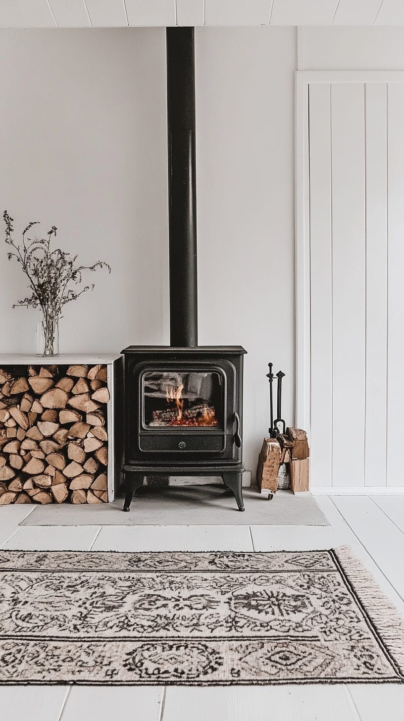 A black wood stove surrounded by an all-white room, featuring a light grey vintage-patterned rug and a stack of firewood, creating a cozy and inviting atmosphere.
