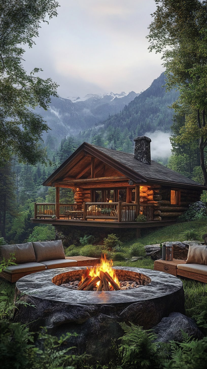 A rustic log cabin surrounded by green trees and mountains, featuring a warm fire pit with seating areas and large windows that offer stunning nature views.
