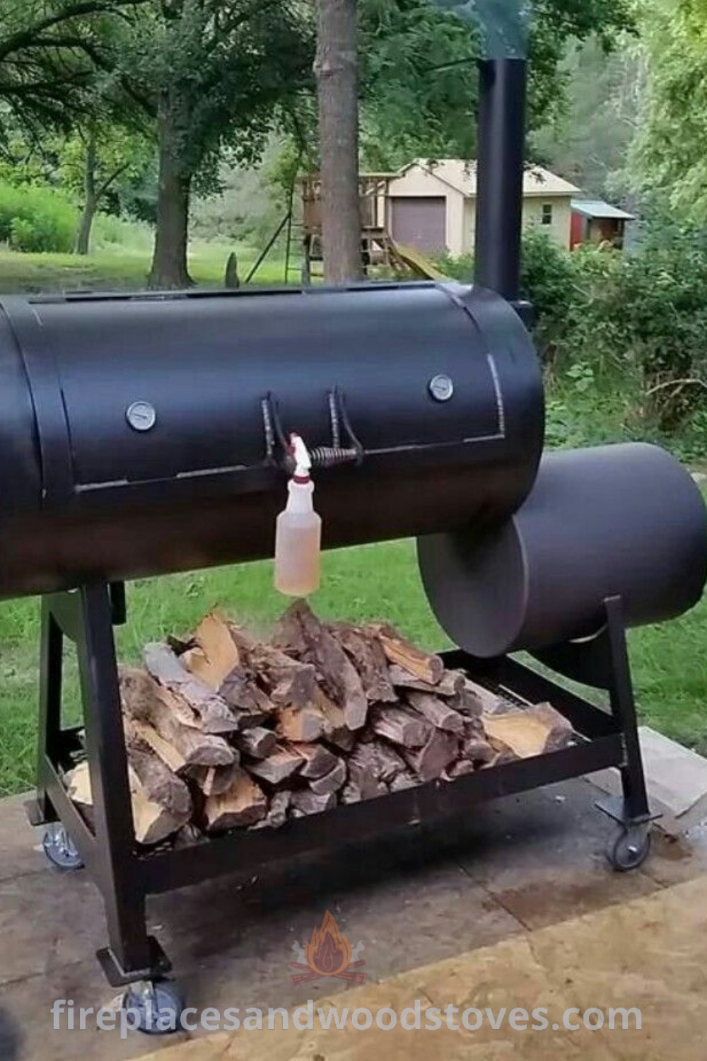 Two people standing next to a custom BBQ smoker with firewood, showcasing stylish smoker designs and ideas for enhancing outdoor spaces. Discover more creative barbecue pit ideas at patioandhomefurniture.com.