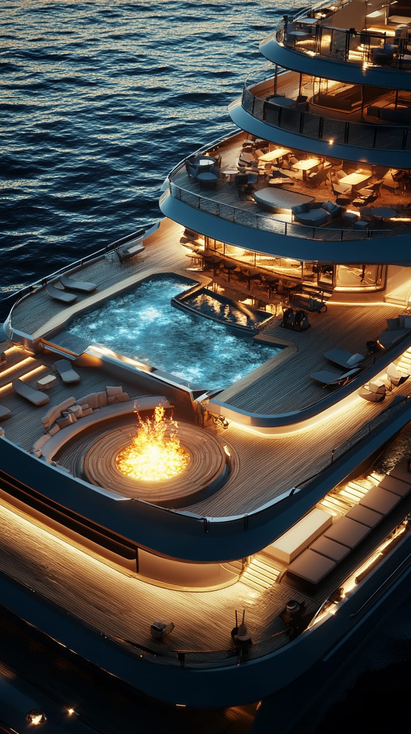 A modern superyacht with multiple terraces and fire pits, showcasing sleek lines and dramatic lighting against a stunning sunset.