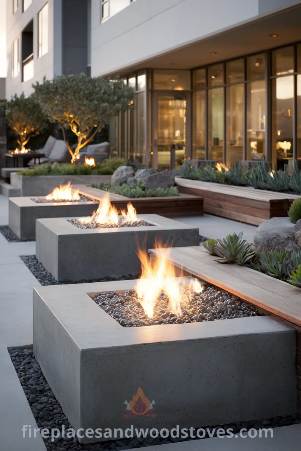 Three square concrete fire pits, contemporary fire pit design, and warm ambiance create a tranquil gathering spot surrounded by simple succulent landscaping.