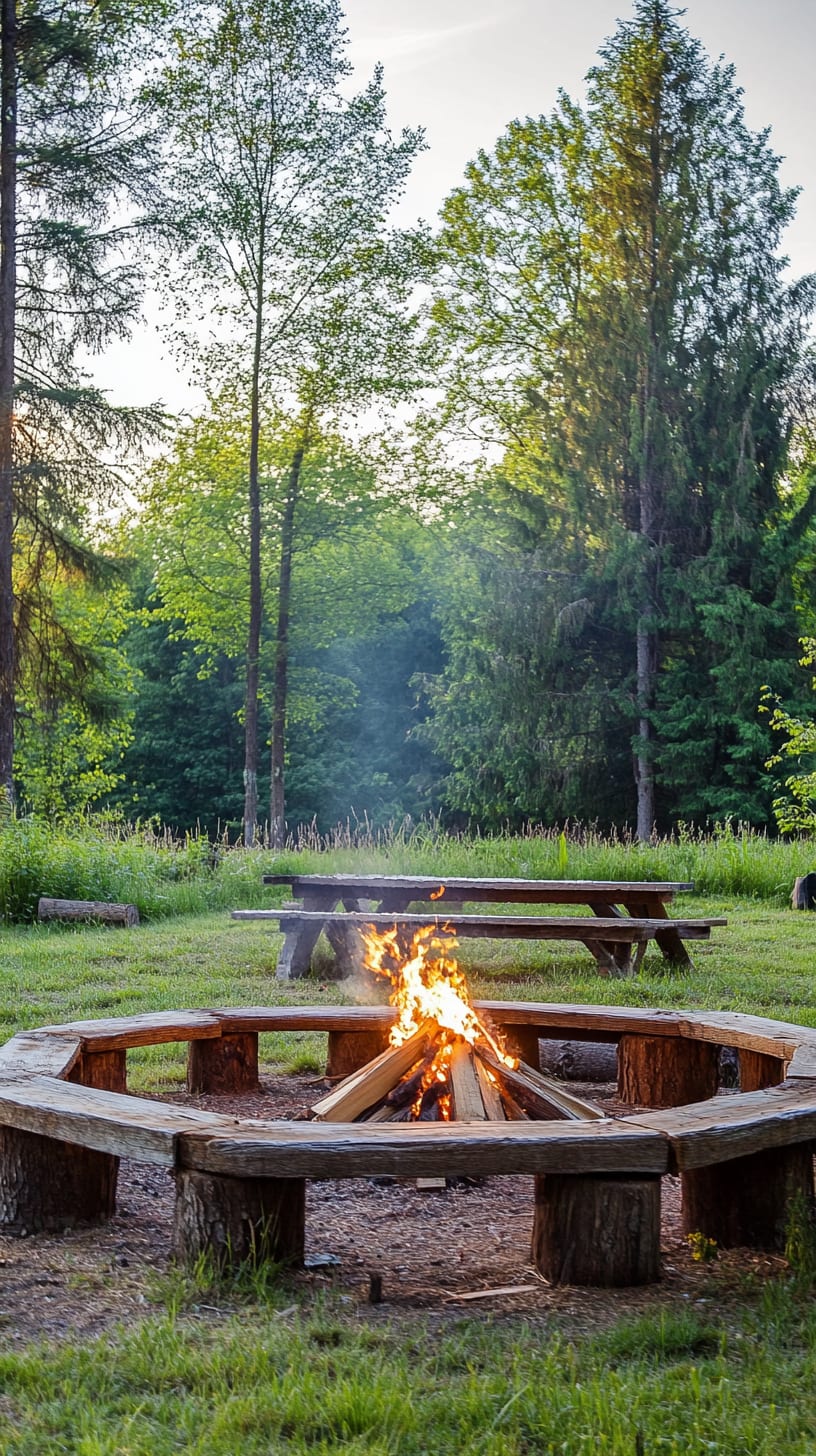 A rustic wooden fire pit surrounded by circular seating benches in an open field with tall trees and lush green grass, creating a cozy atmosphere for gatherings.