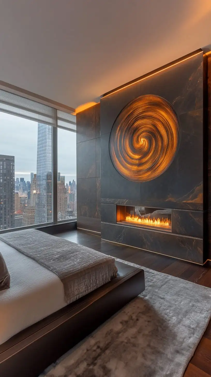 A modern bedroom featuring a black marble wall, a cozy fireplace, and floor-to-ceiling windows with a view of the New York City skyline.