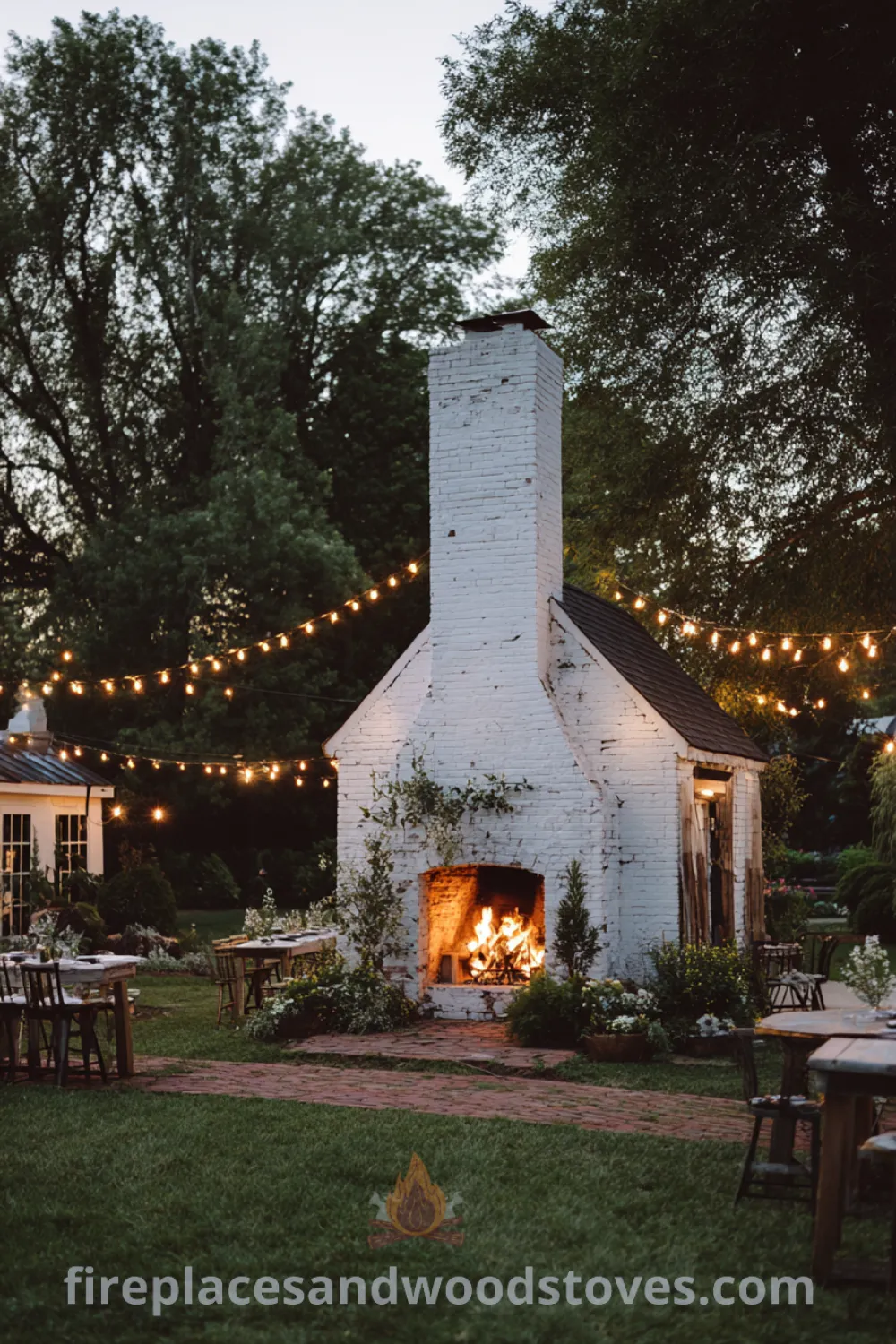 Traditional farmhouse outdoor fireplace with white painted brick, reclaimed wood accents, cozy fire glow, and string lights for inviting gatherings.