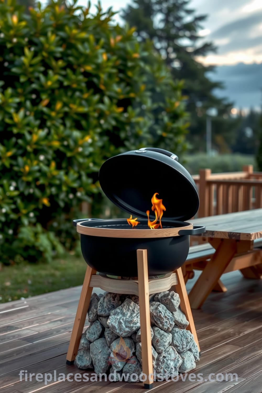 Scandinavian outdoor barbecue on a wooden deck with flames flickering inside the grill, surrounded by lush greenery, complemented by a rustic picnic table, showcasing inspiring design ideas from fireplacesandwoodstoves.com.