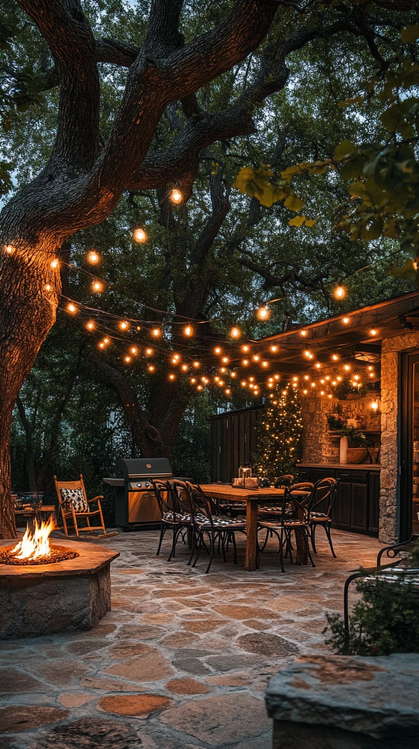 A cozy outdoor dining area featuring string lights, a stone fire pit, and large oak trees, set in Texas at night.