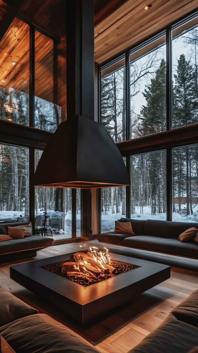 A cozy modern cabin interior featuring a black steel firepit at the center, surrounded by comfortable seating and large windows showcasing a snowy forest outside.