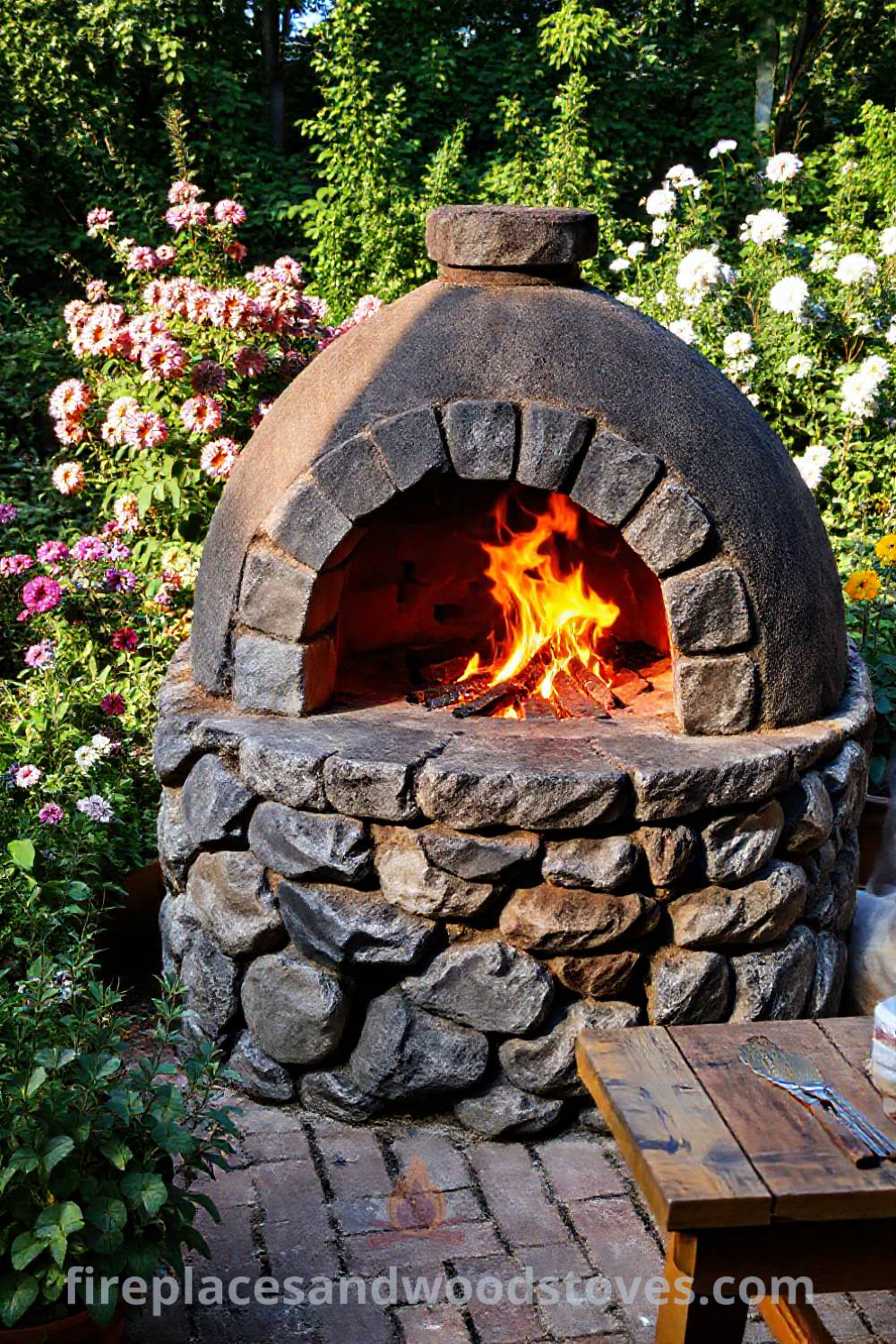 Sturdy stone BBQ oven set on a brick patio surrounded by lush greenery and blooming flowers, creating a cozy outdoor retreat for grilling and entertaining. Visit patioandhomefurniture.com for stylish designs transforming your backyard into a delightful space.