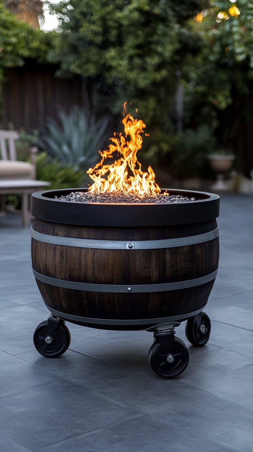 A wine barrel fire pit on wheels, set in an outdoor patio area, with flames rising from the top, showcasing a cozy and stylish atmosphere for gatherings.