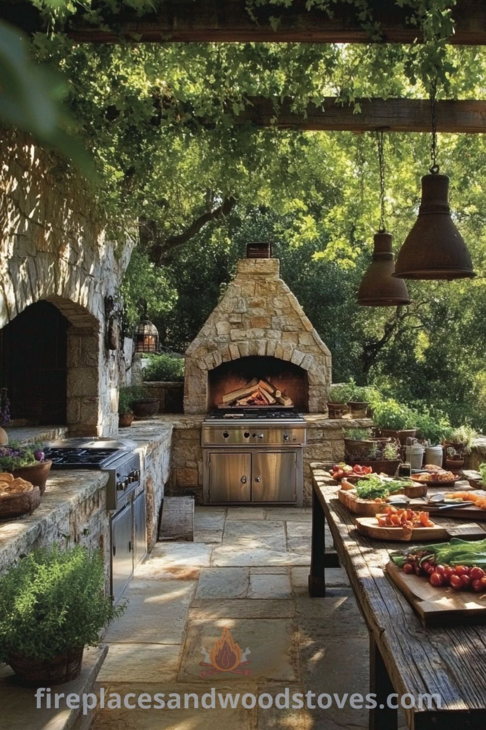 Charming outdoor BBQ area on fireplacesandwoodstoves.com, showcasing a functional cooking station, cozy outdoor dining, and captivating decor ideas for outdoor living spaces.