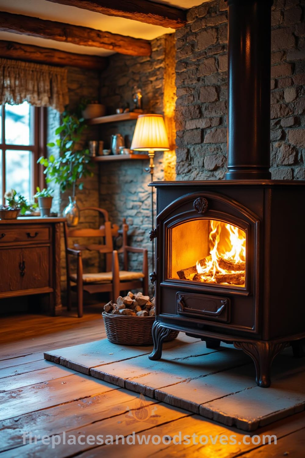 Sturdy wood stove in a cozy living room surrounded by rustic wooden beams and a stone chimney, flickering flames reflecting golden hues on worn floorboards, creating a warm and inviting atmosphere that inspires cozy home decor ideas for your living space at fireplacesandwoodstoves.com.