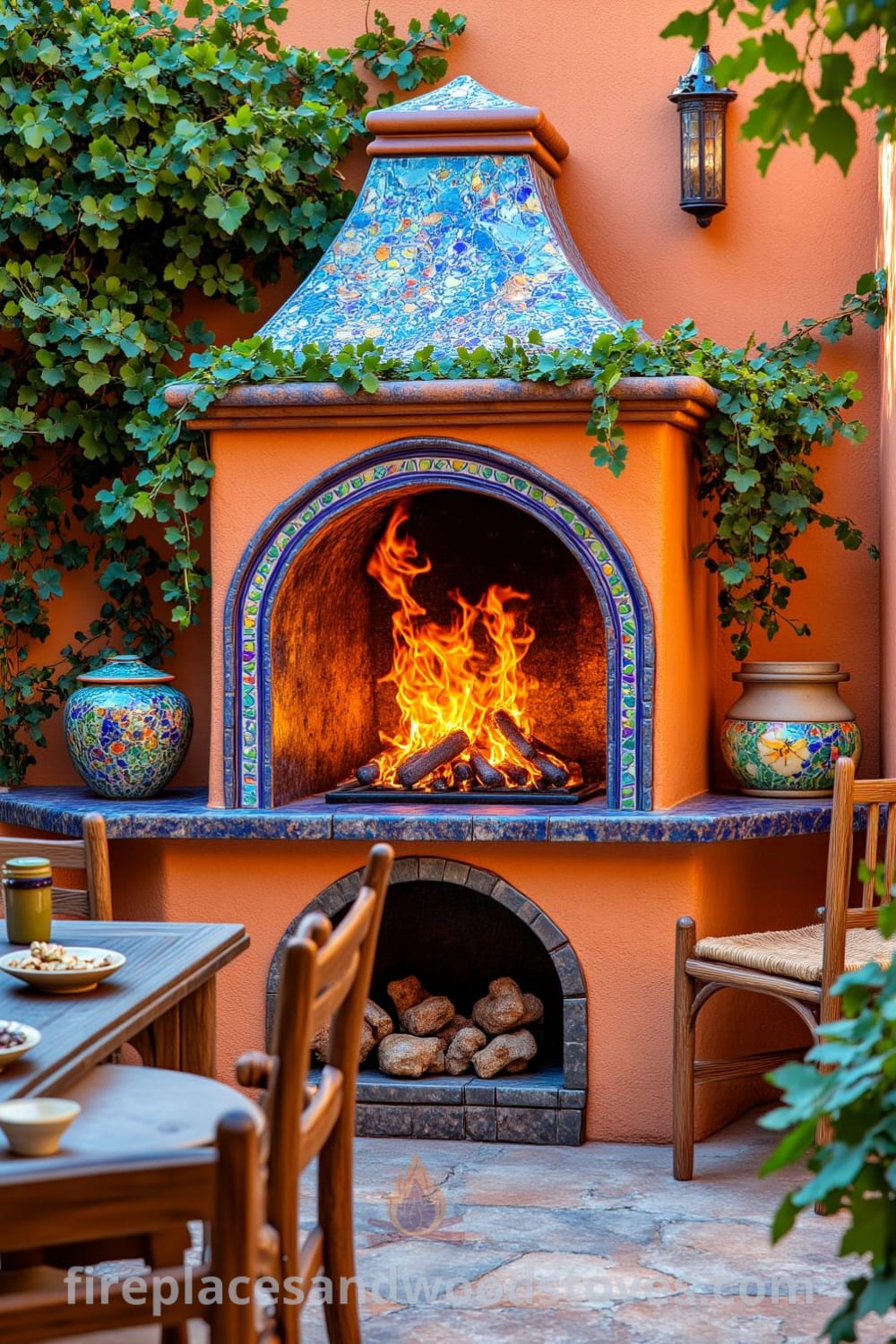 Vibrant Mediterranean tile outdoor barbecue against a lush greenery backdrop featuring colorful ceramics, wooden chairs, and a table with fresh herbs, creating an inviting coastal vibe, showcasing unique decor ideas for your home at fireplacesandwoodstoves.com.
