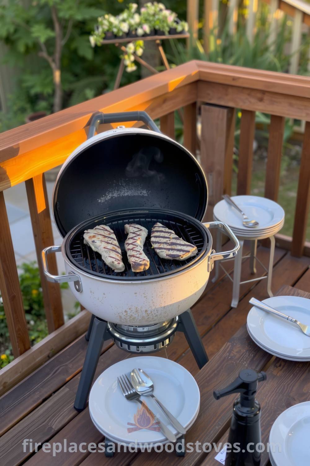 Cozy barbecue on a wooden deck with smoldering charcoal, plates and utensils ready for a joyous meal, and the warm glow of the setting sun, creating inviting scenes and unique decor ideas for your home, featured on fireplacesandwoodstoves.com.