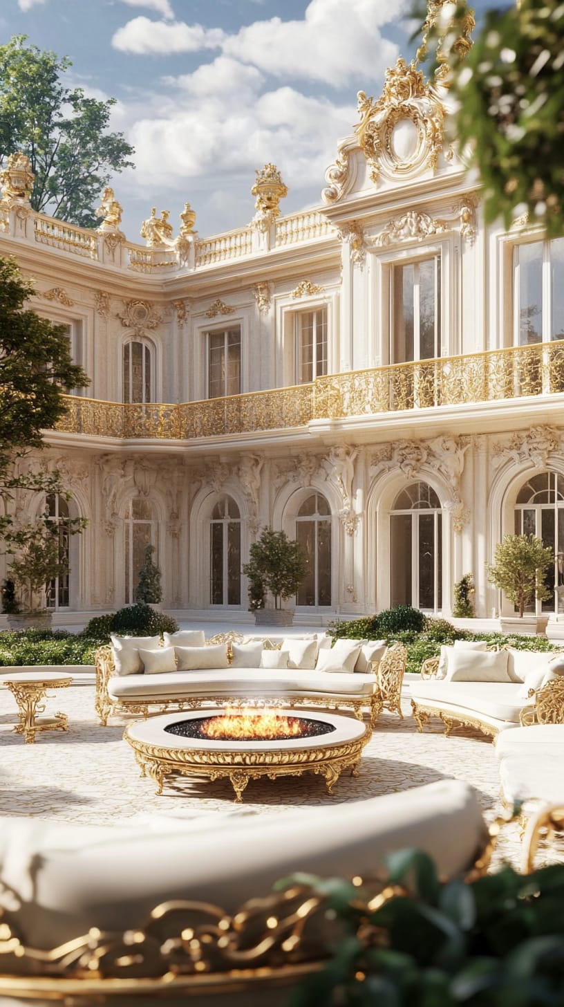 A luxurious mansion exterior featuring golden accents, an outdoor courtyard with white furniture, lush greenery, and a fire pit on a sunny day.