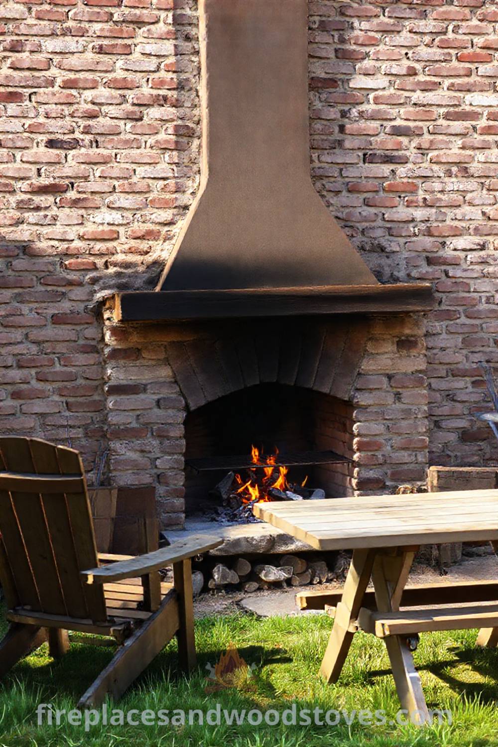 Rustic fireplace BBQ against a weathered brick wall in a sunny backyard, surrounded by wooden chairs and a picnic table, creating a cozy atmosphere perfect for gatherings. Visit patioandhomefurniture.com for stylish outdoor ideas that will wow your guests.