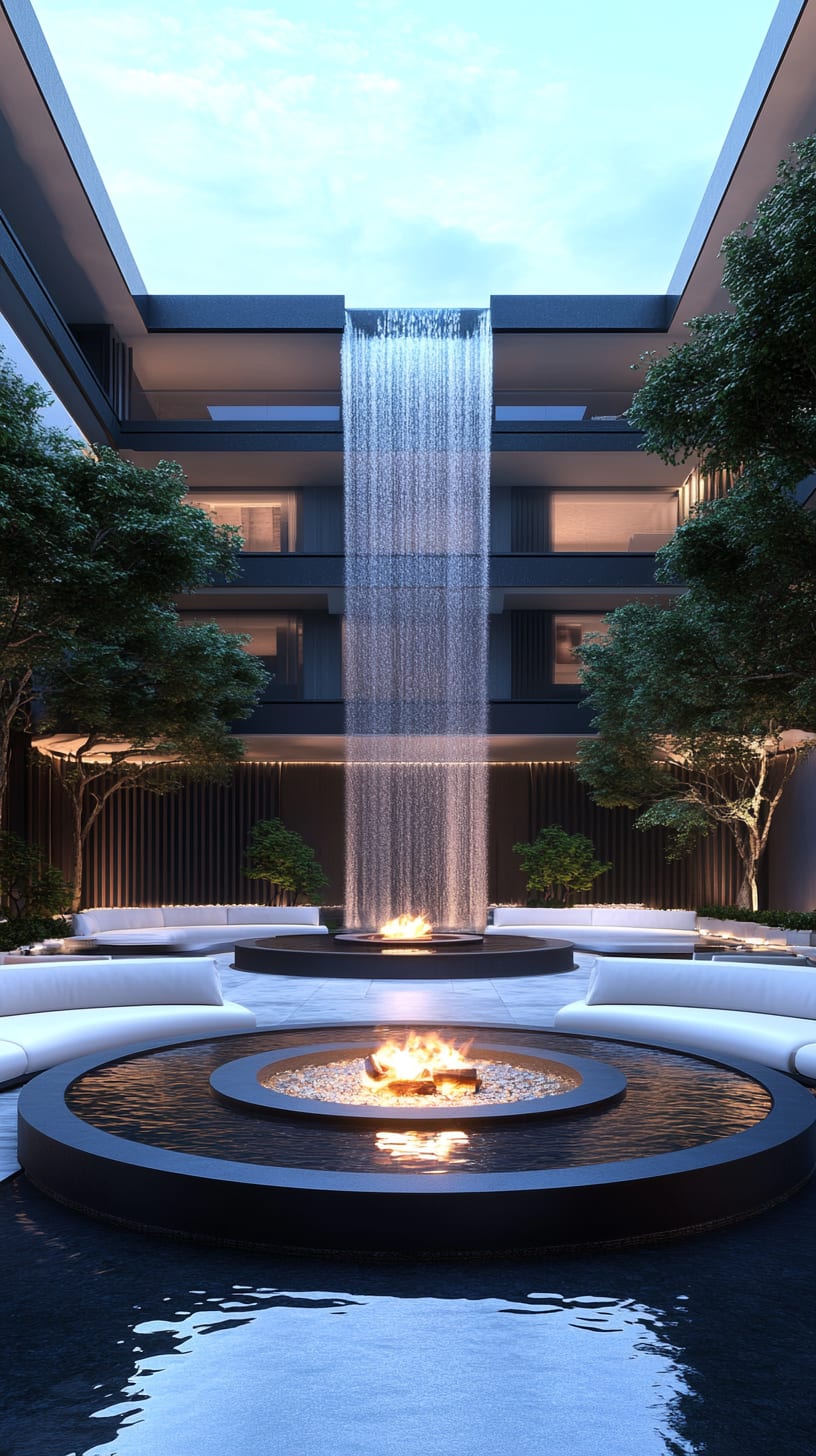 A luxurious courtyard with a cascading waterfall, fire pit, and minimalist seating areas, surrounded by modern architectural elements.