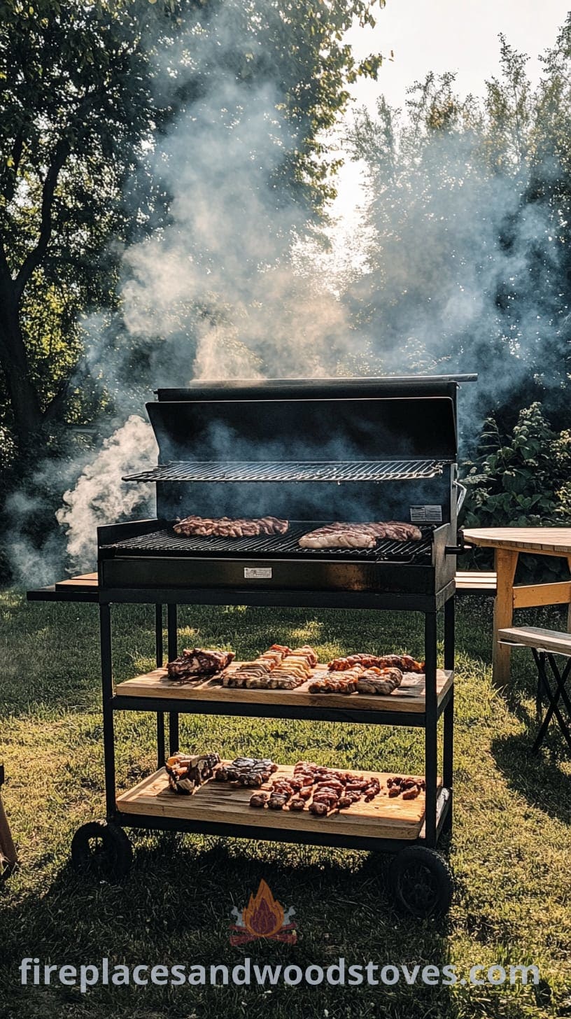 A large grill with assorted meats in a backyard setting for an outdoor wedding, surrounded by greenery and a table with side dishes.