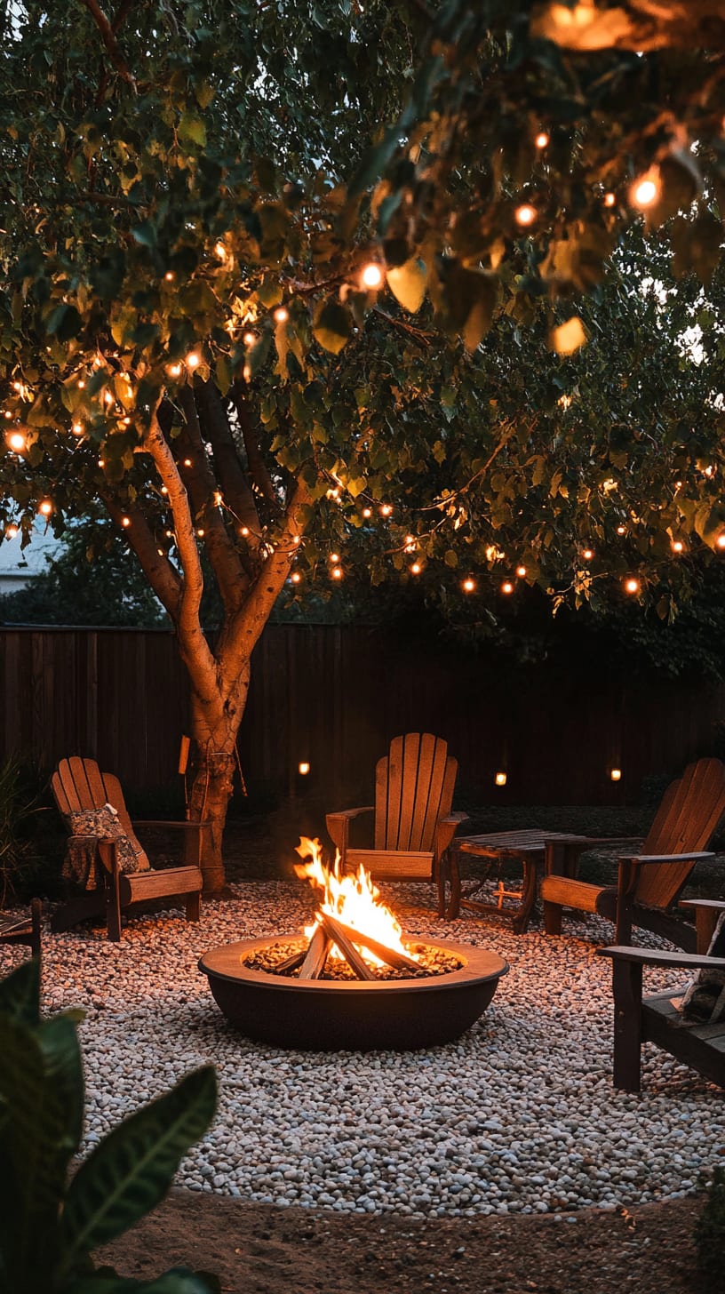 A cozy backyard featuring a fire pit with chairs and string lights, surrounded by a large tree illuminated with hanging lights, creating a warm evening atmosphere.
