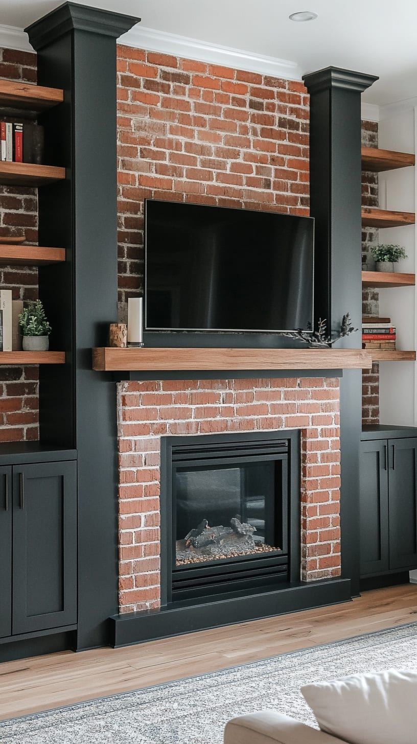 A cozy modern farmhouse living room with a red brick fireplace, dark gray built-in cabinets, light wood flooring, and bright natural light.