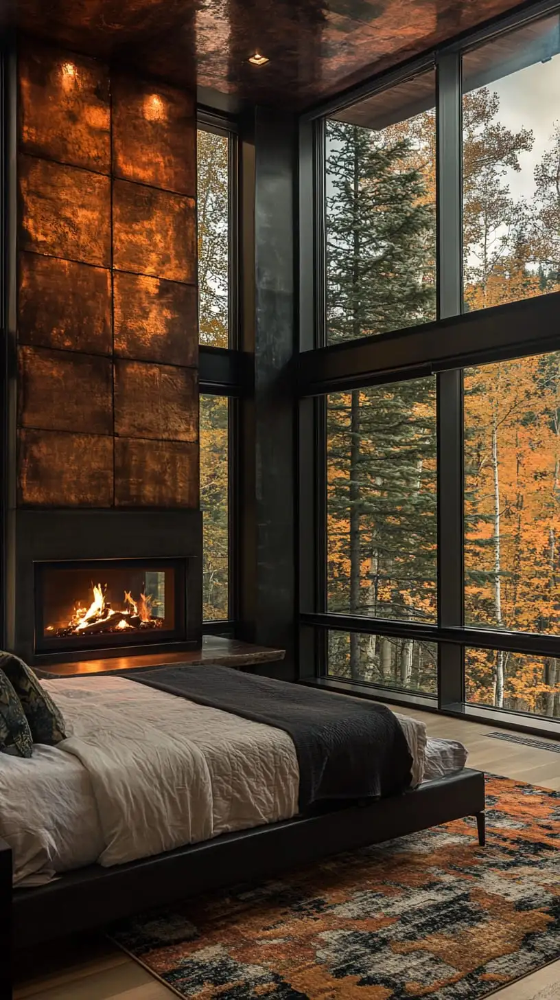 A stylish bedroom featuring floor-to-ceiling windows with autumn forest views, a warm fireplace, and elegant copper walls, providing a cozy mountain retreat aesthetic.