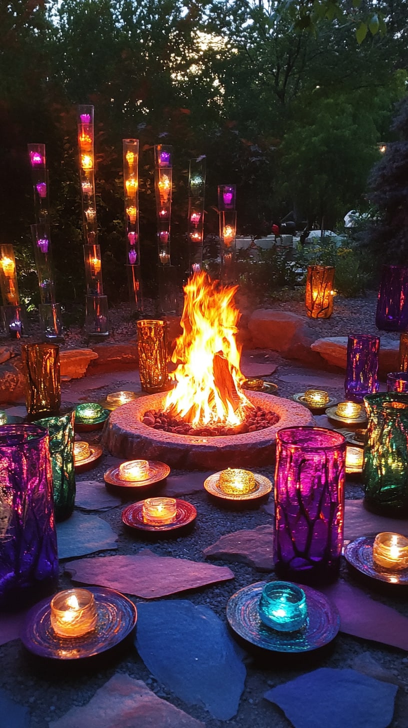 A fire pit surrounded by colorful glass lanterns casting a warm glow, creating an enchanting atmosphere for an outdoor gathering.