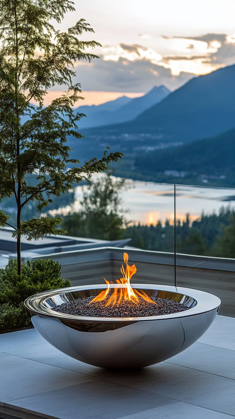 A stainless steel fire bowl with flames, placed on a rooftop terrace overlooking mountains and a lake in British Columbia at sunset.