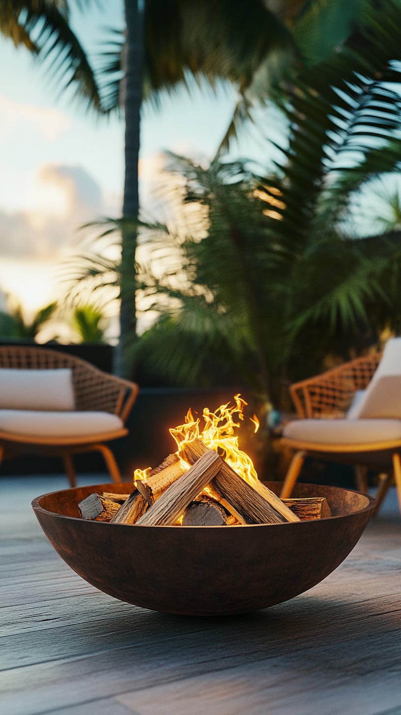 A modern fire pit surrounded by wicker chairs on a terrace, illuminated by sunset light and framed by tropical palm trees.
