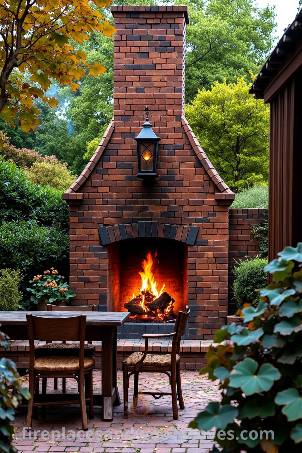 Tudor brick fireplace in a quaint garden with warm hues, surrounded by lush greenery and a rustic wooden table, providing cozy ideas for outdoor gatherings and decor inspirations for your home at fireplacesandwoodstoves.com.
