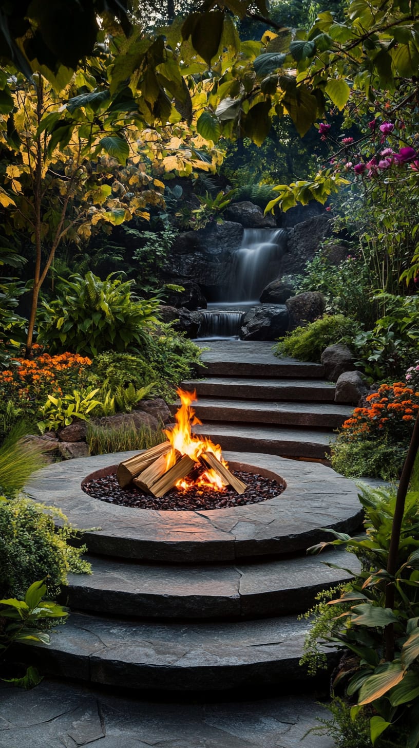 A cozy garden setting featuring a fire pit surrounded by colorful flowers, greenery, and a small waterfall in the background.