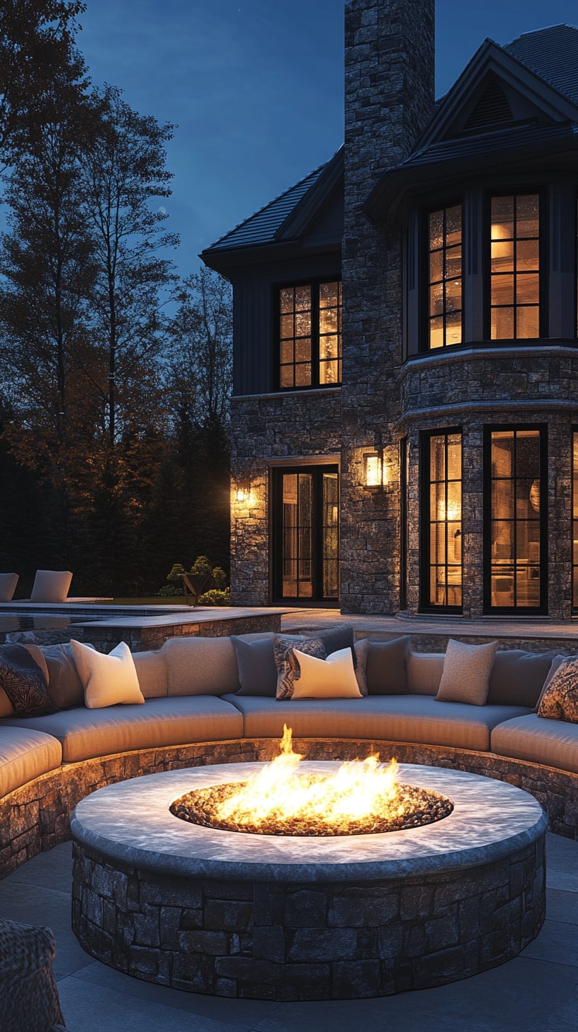 An elegant outdoor living space at night, featuring a circular stone fire pit surrounded by comfortable seating and illuminated by warm lights.