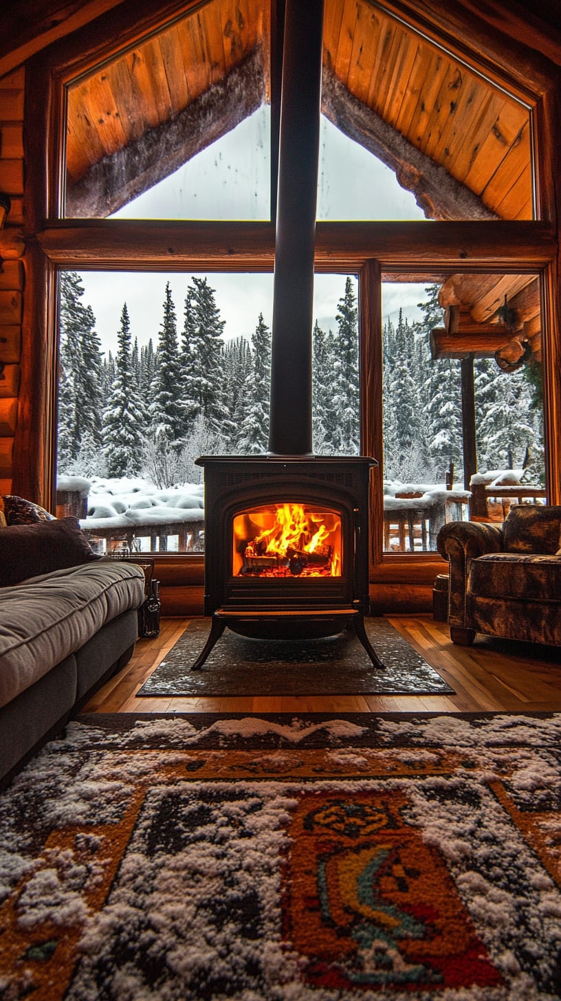A warm and inviting cabin living room featuring a large wood stove, vintage rug, and large windows overlooking a snowy forest.