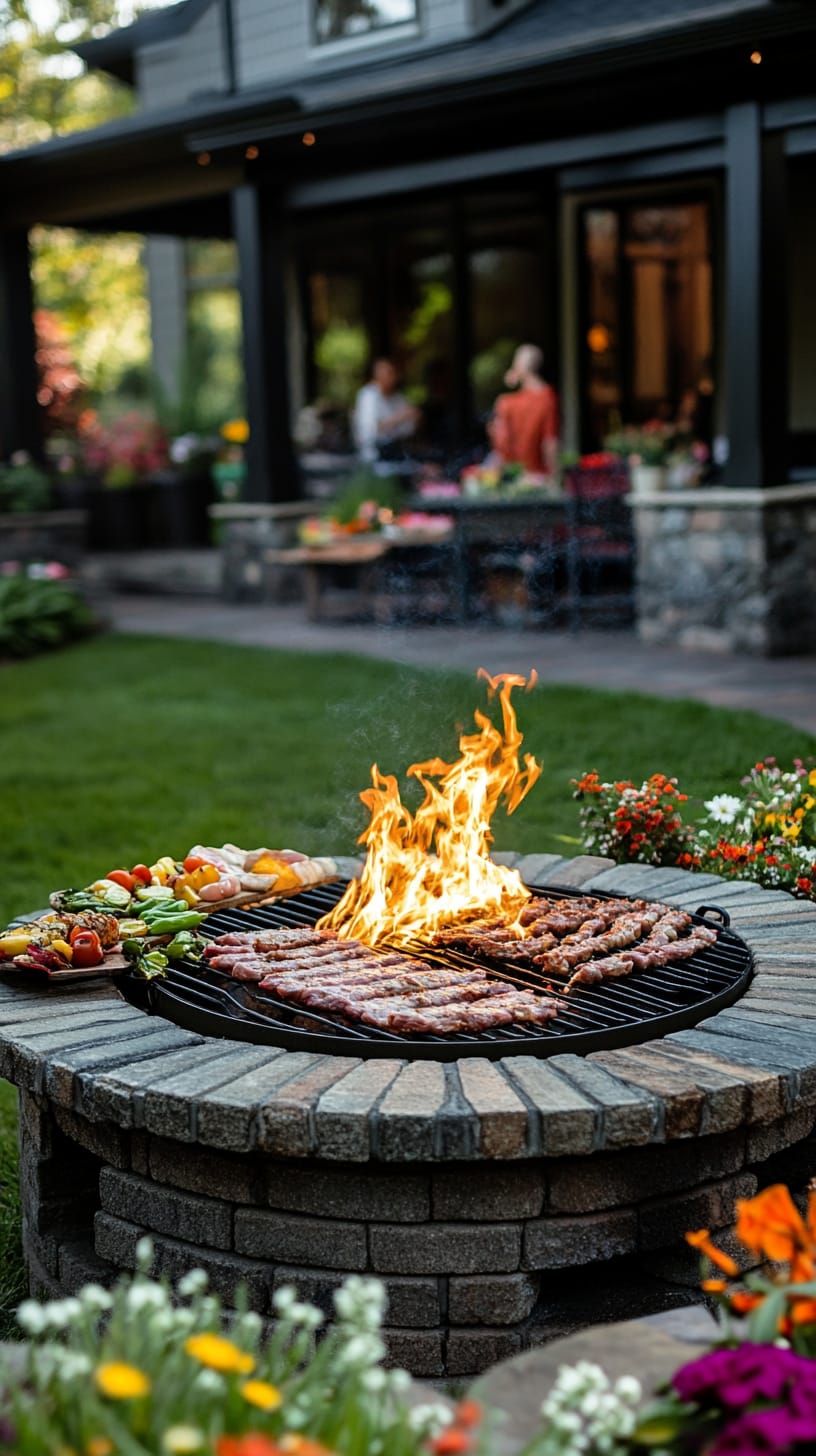 An outdoor scene featuring a fire pit with flames, surrounded by colorful flowers and grilling food, with people enjoying their time in a backyard setting.