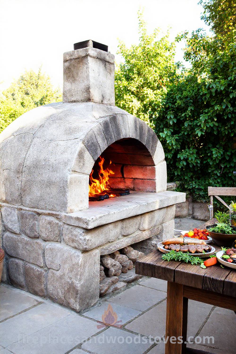 Stone BBQ oven on a sun-drenched patio with flames flickering inside, surrounded by a wooden table adorned with fresh herbs and veggies, creating a cozy and stylish outdoor atmosphere. Visit patioandhomefurniture.com for incredible ideas transforming your backyard.