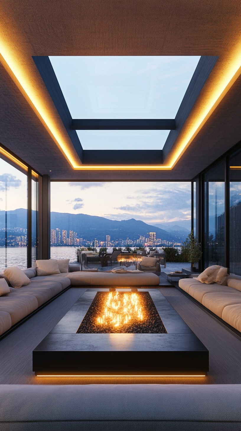 A modern living room featuring large glass windows, a white leather sofa, and a fire pit, overlooking the city of Vancouver at night.