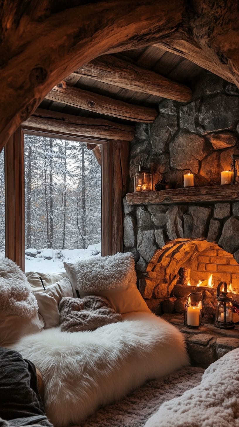 A luxurious cabin bedroom featuring wood and stone walls, a fireplace, a fluffy white fur rug, and a large window with a view of a snowy forest.