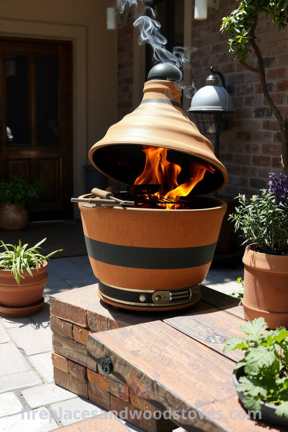 Bohemian clay outdoor barbecue on a sun-drenched patio, with earthy tones and a handcrafted finish, surrounded by vibrant herbs and an aged wooden table, creating an inviting atmosphere for delicious outdoor meals. For cozy home decor ideas and inspirations, visit fireplacesandwoodstoves.com.