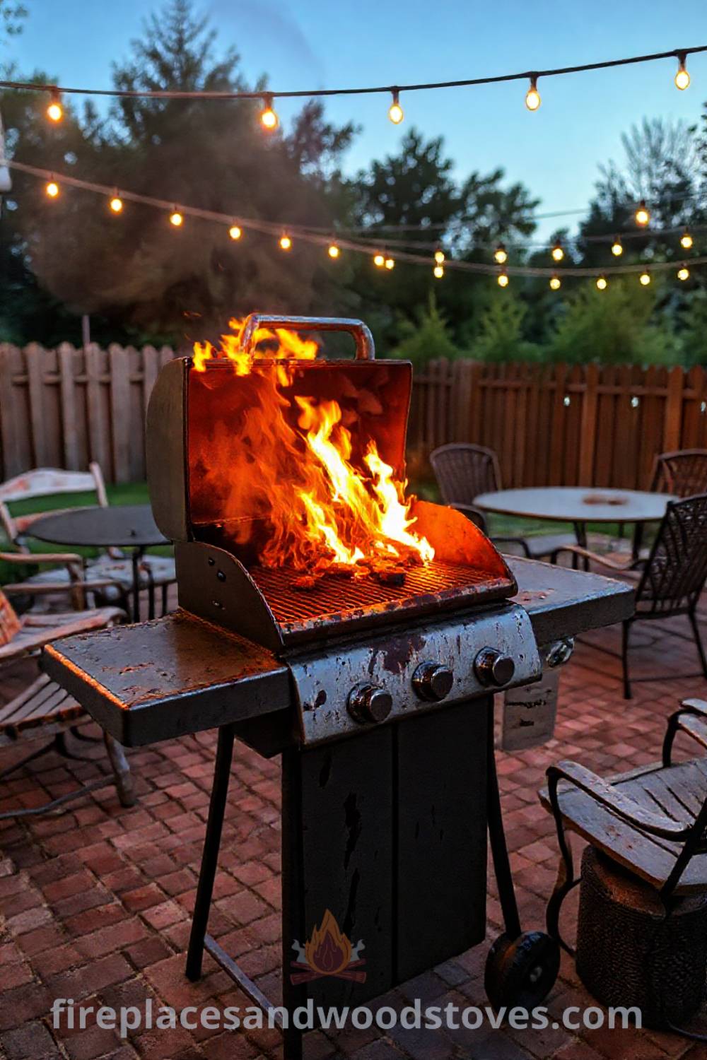 Outdoor BBQ grill on a brick patio with flickering flames, surrounded by mismatched furniture and glowing string lights, creating a cozy atmosphere for summer evenings. Visit patioandhomefurniture.com for stylish ideas that will wow your guests.