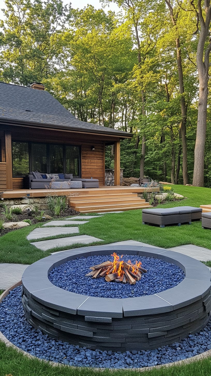 A modern outdoor living area featuring a round fire pit surrounded by blue river rocks, green grass, and a wooden cabin in the background.