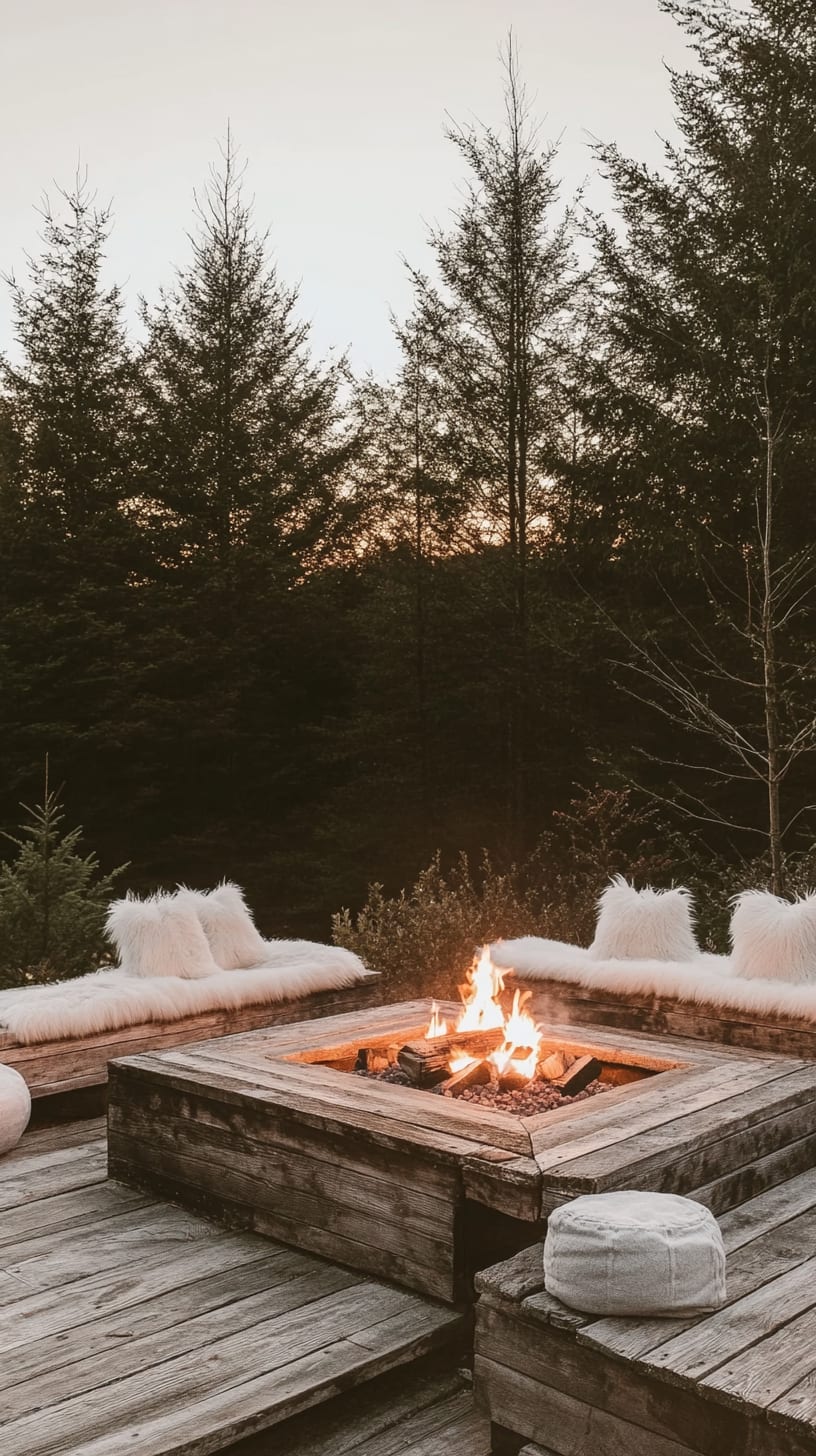 A cozy outdoor seating area featuring a rustic fire pit surrounded by white fur cushions, set against a backdrop of tall trees at sunset.