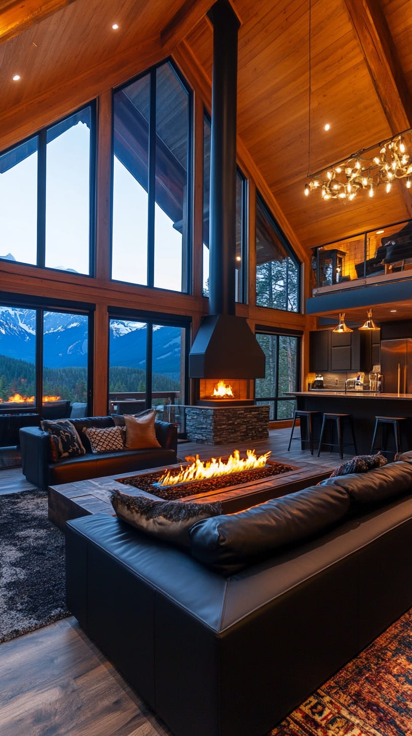 A modern cabin interior showcasing high ceilings, large windows, cozy seating around a fireplace, and a kitchen island, all highlighting the stunning mountain landscape outside.